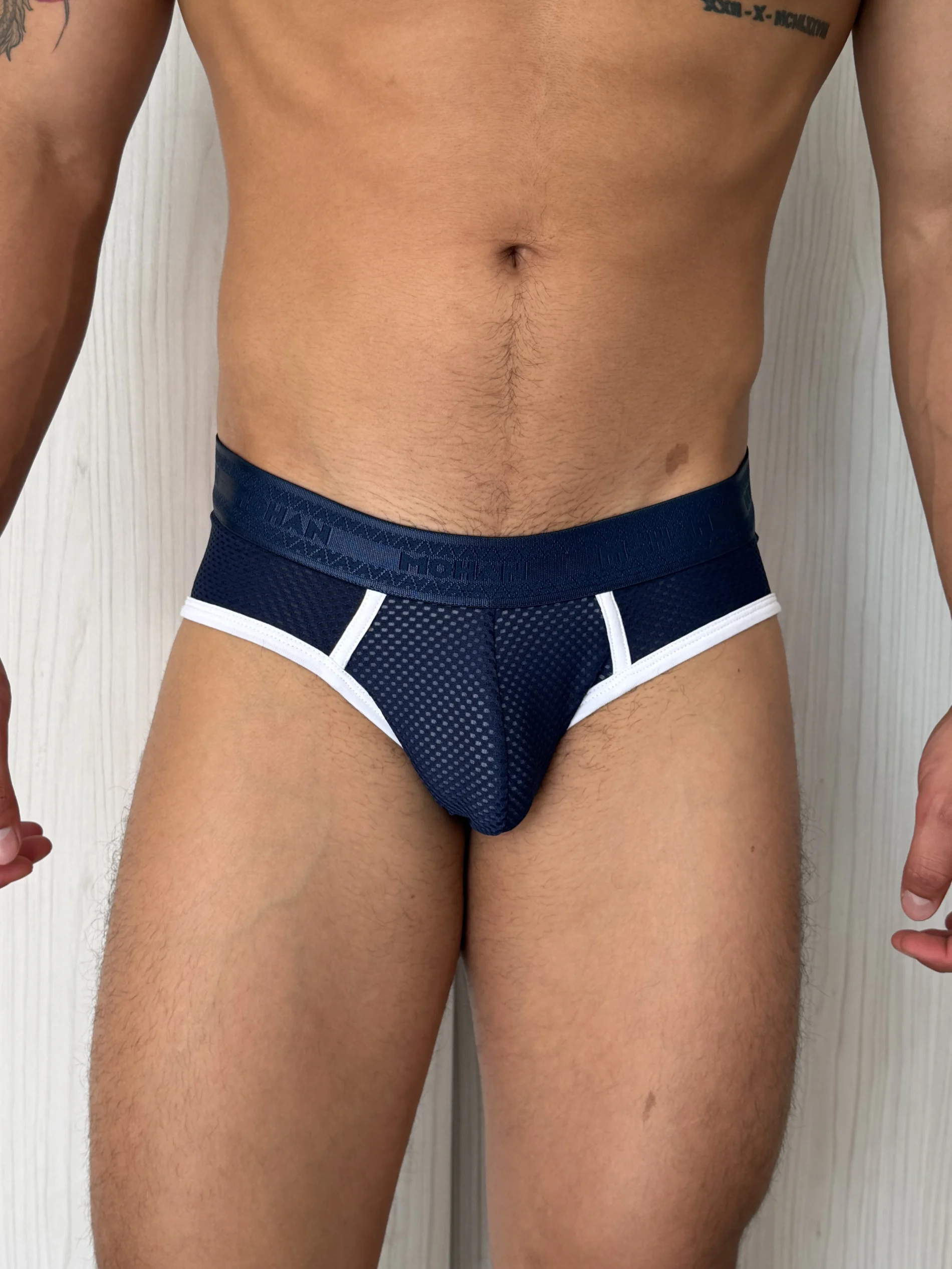 Brief Bikini Malla Azul Militar con Elástico Azul Rey